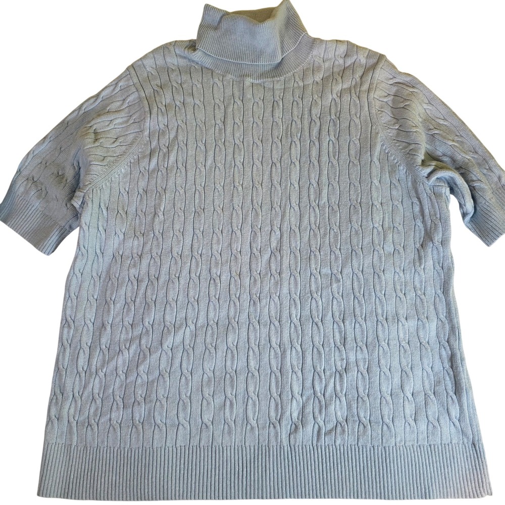 LANDS END Womens 2X Light Blue‎ Cable Knit Short Sleeve Turtleneck Sweater